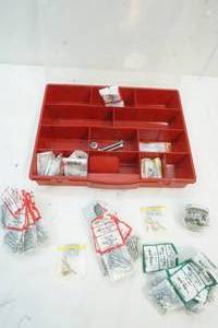 lot 331 image: Red Storage Box with Variety of Hardware