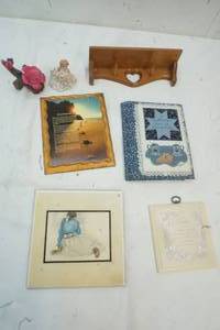 lot 397 image: Hanging Plaques, Shelf, little figures rose and girl, photo book,