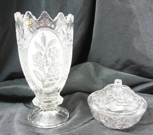 lot 129 image: Vintage Zajecar 24% Lead Crystal Footed Vase Sawtooth Rim Yugoslavia 10 Floral Pineapple Design, Vintage Studio Nova Crystal Rose Pattern Lidded Bowl Japan...