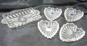 lot 136 image: Vintage Crystal Yugoslavia Clear Industries Hand Cut 24% Lead Crystal Heart Shaped Trinket Jewelry Box, Anchor Hocking Glass Pattern E156 Clear Relish Vanity Handle Hobnail Scalloped Tray...