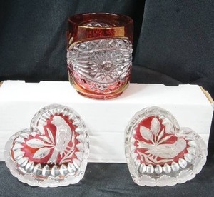 lot 137 image: RARE NAPPA 4-Inch Whiskey Crystal Barware Hand Engraved Red Drink Glass, Hofbauer Byrdes Collection Echt Bleikristall Ruby Red Heart Candy Trinket Covered Dish...
