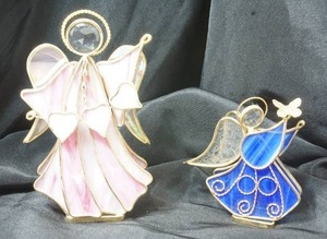 lot 140 image: Vintage Stained Glass Angel Pink with Hearts and Blue with Butterfly...