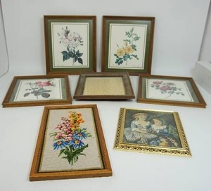 lot 146 image: Tante Hanna Mayer Handmade Austria 1980 Embroidered Floral Wall Art and Framed Needlepoint Vintage Tapestry Marie-Antoinettes Elder Children Post Vigee-Le Bru, Rosier de Philippe Noisette Framed Botanical Prints Etc...