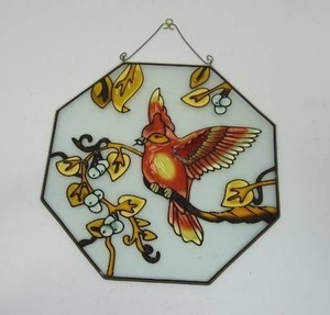 lot 150 image: Vintage Red Cardinal Bird Octagon Shaped Stained Glass Window Hanging Suncatcher...