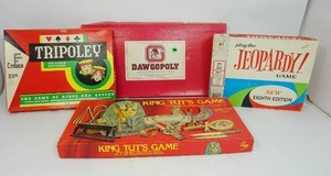 lot 28 image: Collection of Vintage Games Including Tripoley, Dawgopoly, Jeopardy, King Tuts Game...