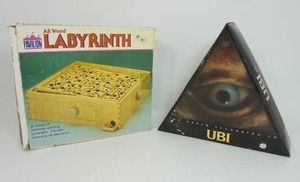 lot 31 image: Collectible Vintage Games Including Pavilion All Wood Labyrinth and the Rare Vintage 1986 The World According to UBI Board Game 1980s