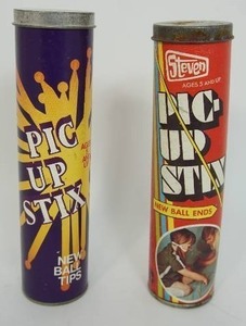 lot 45 image: Vintage Collectible Toys and Games Including PIC-UP STIX Steven 1973 Ball-End Sticks, Plastic Pic-Up Stix New Ball Tips Game 1985 Stevens Mfg Co...