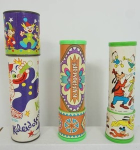 lot 51 image: Collectible Vintage Toys Including Walt Disney Productions Mickey Mouse and Characters Kaleidoscope 1970s Straco Hong Kong, 1960s Mod Groovy Psychedelic Kaleidoscope, Toy Clowns Circus Party Dog 1980s Kaleidoscope Viewer USA Steven...