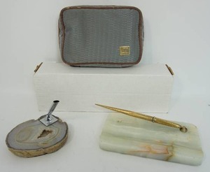 lot 55 image: Vintage Collectible Sheaffer Marble Base w14k Fountain Pen Holder Desk Set, Sliced Polished Agate Slab Pen Holder Desktop(no pen), Vintage UNITED AIRLINES Passenger Amenity Travel Kit First Class Overnight Toiletry Bag...