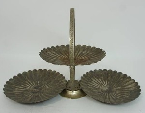 lot 90 image: Vintage Mid Century Silver Plate Collapsible Folding 3 Tier Serving Tray