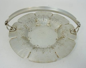 lot 92 image: RARE Vintage Collectible Continental Silver Look Hand Wrought Hammered Thistle Round Fruit Metal Serving Tray wHandle...