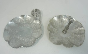lot 93 image: Mid-Century Embossed Forged Aluminum Candy Dish with Curled Handle c. 1940, Vintage Embossed Aluminum Rose Leaves Floral Candy Dish w Handle