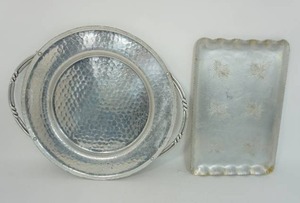 lot 95 image: Vintage MidCentury Rectangle Aluminum Hammered Pine Cone Tray Made In Canada, Mid-Century B.W. Buelum 18-Inch Round Aluminum Serving Tray Platter Hand Wrought Forged Twisted Handles...