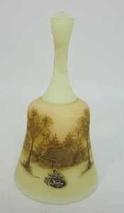 lot 123 image: Fenton Art Glass Bell Uranium Satin Yellow Custard Vaseline Glass Signed Hand Painted Log Cabin Scene...