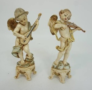 lot 124 image: Vintage FONTANINI Depose Italy Pedestal CHERUB Angel with Violin and Mandolin...