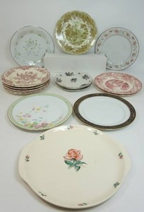 lot 126 image: Ballerina Universal China Moss Rose Round Cake Handled Serving Platter SO24, Mill Stream ENGLAND BY Johnson Bros, Romantic England Green Haddon Hall in Derbyshire Ironstone Plate Etc.