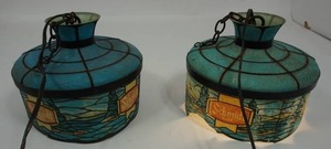 lot 1 image: Two Smaller Vintage SCHMIDT BEER Blue Hanging Light Set...