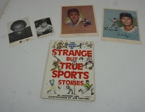 lot 5 image: Collectible Sports Memorabilia Including The Giant Book of Strange But True Sports Stories Liss Illustrations by Joe Mathieu 1976 Softcover Book, Super-Valu 1960s Wheeldon Illustrated Brant Alyea, George Mitterwald Lifetime Record Trading Card...