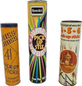 lot 44 image: Vintage Collectible Toys and Games Including Rose Art PICK UP STIX 1979 Jumbo Wooden Sticks,  J. Pressman Criss Cross Game Made in USA 1940s, The Original Wooden 4-5-6 Pick Up Sticks Lakeside Industries 1972...