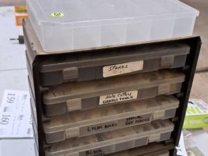 lot 158 image: Parts Organizer Cabinet with Drill Rod Brown, Norton Crystolon Stone, Craftsman Greenlee Parts, Misc. Hardware