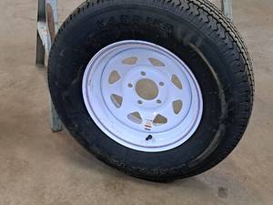 lot 166 image: Load Star Karrier Steel Belted Radial Tubeless Spare Trailer Tire with 5-lug 15 White Steel Rim (New )