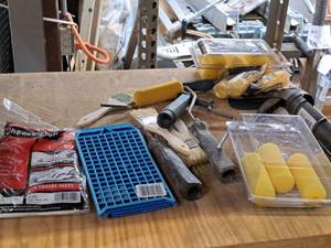lot 176 image: Lot of  Assorted Painting Supplies - Brushes, Rollers, Foam Roller Covers, Screens, Caulk Gun, Cheese Cloth