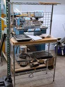 lot 201 image: Custom Wood Plank ShelfMetal Wire Rack Workstation