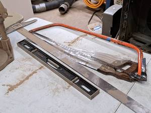 lot 338 image: Lot of (4) Hand Tools - Bow Saw, Carpenter Saw, Level, T-Square