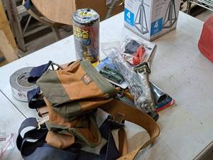 lot 437 image: Assorted Hand Tools, Tool Belts, Flex Tape, Power Socket 12V, Super Tape, RV Level, Misc. Items