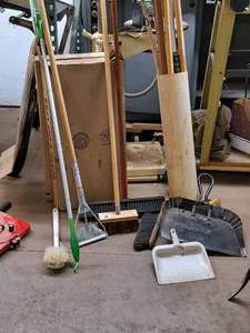 lot 449 image: Lot of (15) Assorted Cleaning Supplies - Mops, Brooms, Dust Pans, Extra Extension PolesHandles
