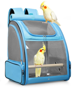 lot 228 image: Bird Carrier Backpack Cage (Blue), Carrier with Stainless Steel Foodbowl and Stainless Steel Tray & Wooden Standing Perch