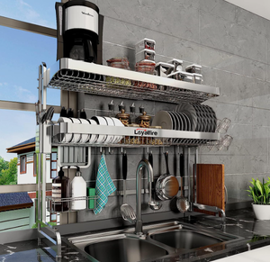 lot 270 image: Loyalfire Over Sink Dish Drying Rack, 3 Tier Adjustable Length