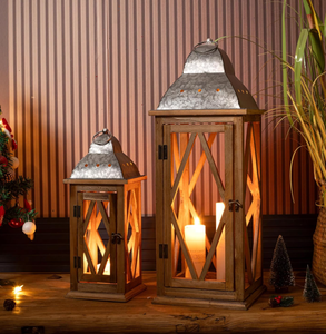 lot 325 image: Venalys Large Farmhouse Wooden Metal Lantern Set of 2 No Glass