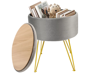 lot 445 image: Velvet Round Storage Ottoman Removable Lid, Grey