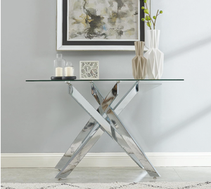 lot 456 image: Modern Style Console Table Narrow Sofa Table with Tempered Glass Top and Metal Tubular Legs, 45 Lx18 Wx30 H, Silver