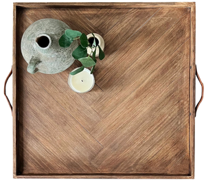 lot 577 image: LUIYO Large Ottoman Wood Tray- with Leather Handle Decorative Wooden