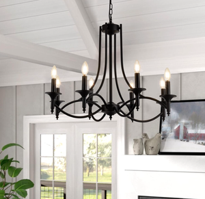lot 589 image: Pretoy Industrial Candle Chandelier Modern Farmhouse Hanging Pendant Light Fixture with 8-Light Black Iron