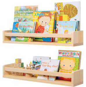 lot 590 image: Fun Memories Nursery Book Shelves Set of 2 24 - Rustic Natural Solid Wood Floating Bookshelf for Kids