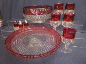 lot 78 image: Ruby Flash Stems, Bowl, Cake Stand