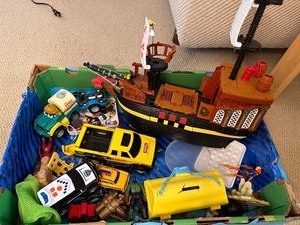 lot 135 image: Box of Toys Cars, Pirate Ship and Action Figures