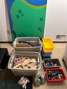 lot 113 image: Childrens Hand Painted Train Table Top and Bins of Thomas the Train Tracks, Trains, Cars, and Bins