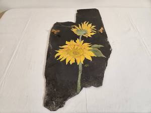 lot 203 image: Slate Hand Painted with Yellow Flowers Wall Hanging