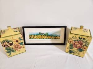 lot 284 image: Hand Painted Yellow Canisters and Sunflower Framed Print