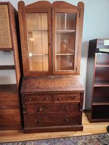 lot 4 image: Vintage Antique Solid Wood Four Drawer Secretary with Removable Hutch