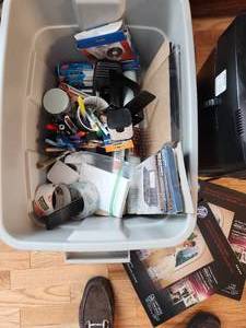 lot 315 image: Large Bin full of Office Supplies and Paper Shredder