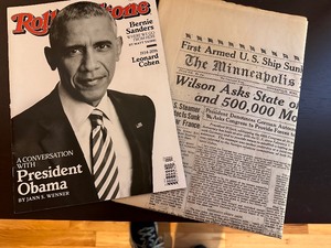 lot 167 image: Rolling Stone Magazine Featuring a Conversation with President Obama December 15-29, 2016 Issue and Tuesday, April 3, 1917 Minneapolis Morning Tribune Edition -Headline Wilson Asks State of War Declaration and 500,000 More Soldiers for Army