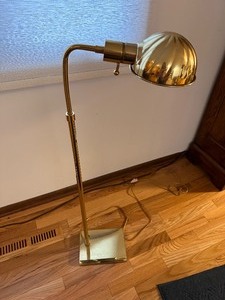 lot 175 image: Mid-Century Modern Polished Brass Pharmacy Floor Lamp with Scallop Shell Dome Shade