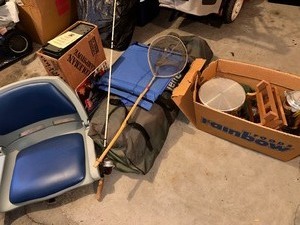lot 480 image: Camping Gear - Tent, Canoe Chair, Cook Stove, Cookware, Fishing Pole, Net