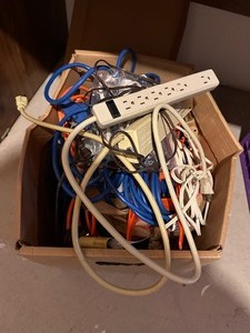 lot 409 image: Large Box of Electrical Cords, Extension Cords, and Power Strips