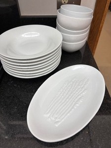 lot 234 image: White Asparagus 12 Plate, Set of 8 Basic White JCPenny Home Collection Soup Bowls, and Set of Four Cereal Bowl and One Larger White Cereal Bowl
